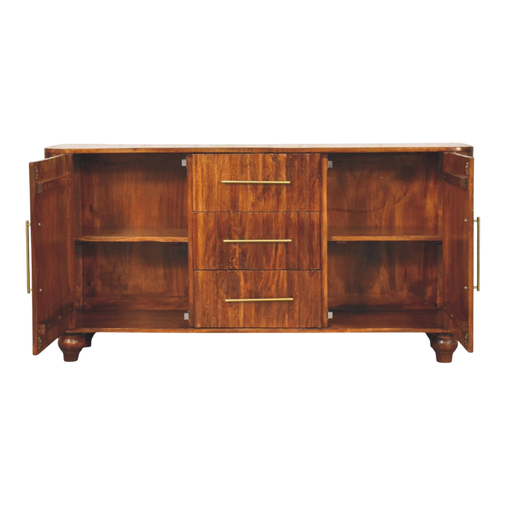 Marlow Curved Sideboard in Chestnut, shown with the doors open.