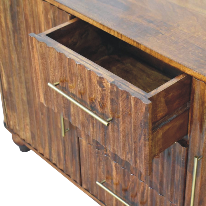 Marlow Curved Sideboard in Chestnut, shown with a drawer open.