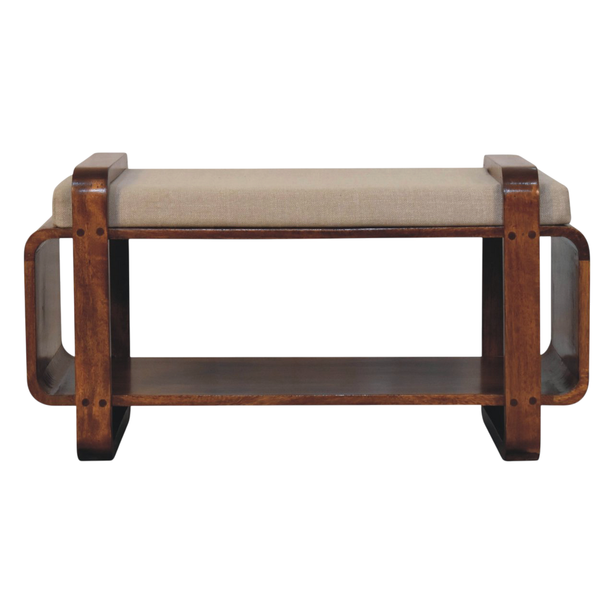 Marlow Loop Bench in Chestnut with Clay Linen, front view. 100% solid hardwood in a chestnut finish, continuous looped frame, clay linen cushioned seat, open lower shelf.