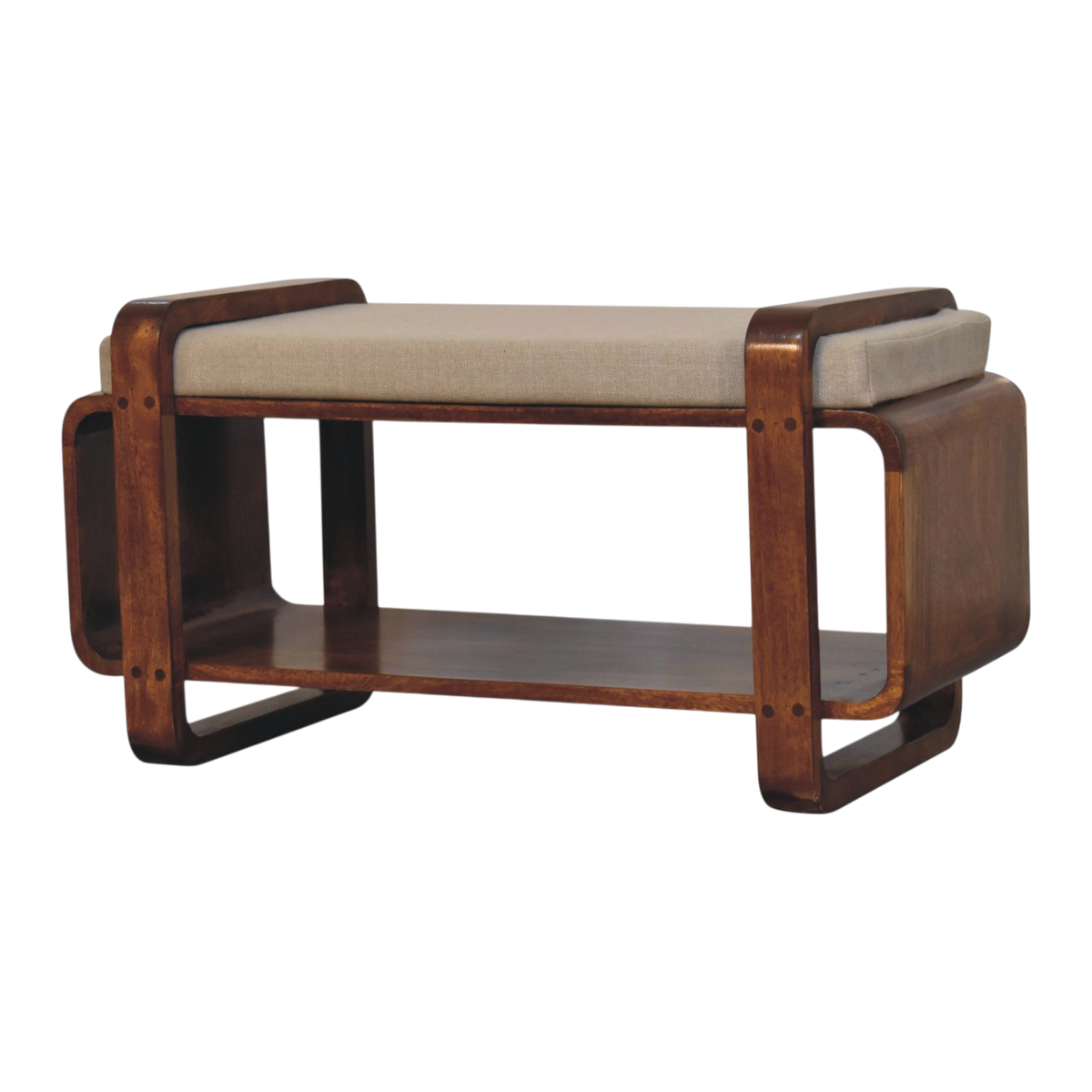 Marlow Loop Bench in Chestnut with Clay Linen, three-quarter view showing the full profile.
