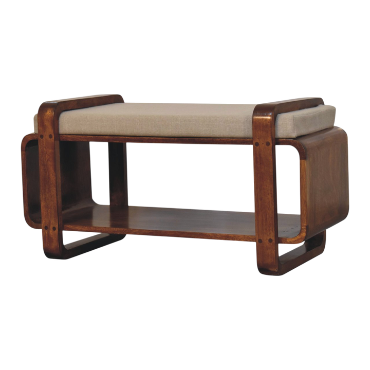 Marlow Loop Bench in Chestnut with Clay Linen, three-quarter view showing the full profile.
