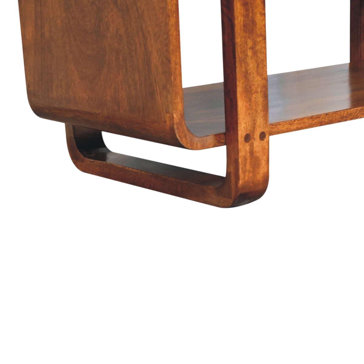 Close view of the shelf on the Marlow Loop Bench in Chestnut with Clay Linen.