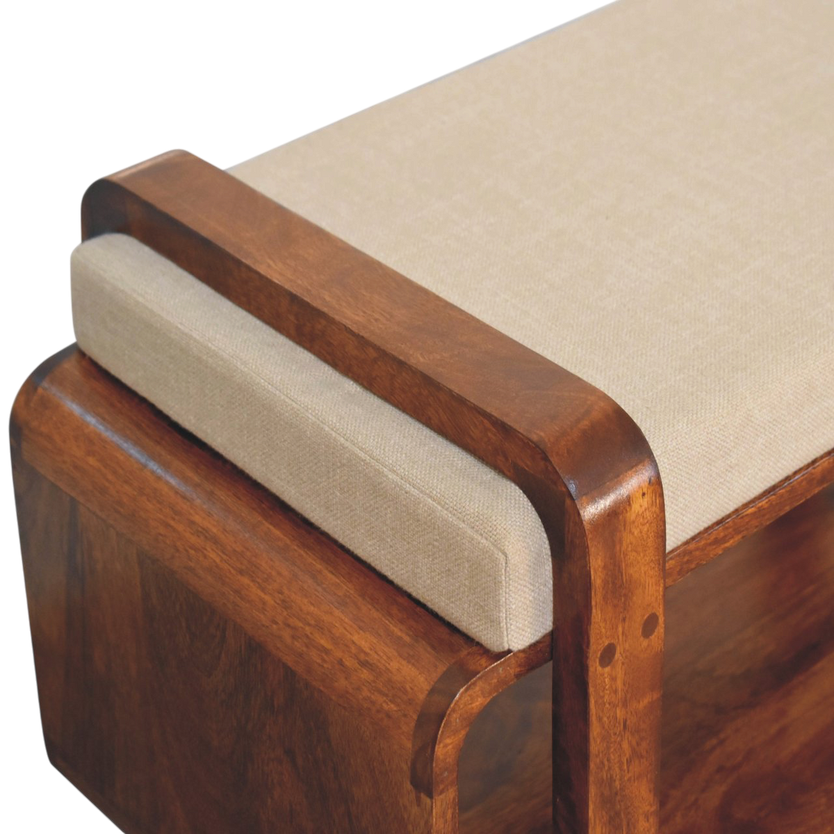 Close view of the seat on the Marlow Loop Bench in Chestnut with Clay Linen.