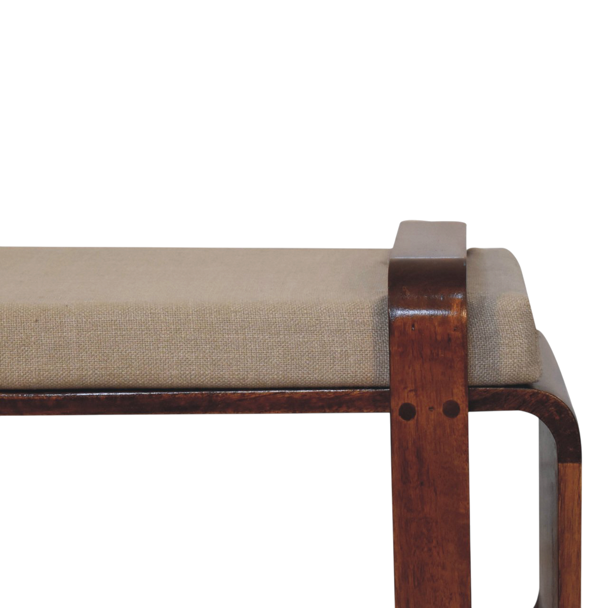 Close view of the frame on the Marlow Loop Bench in Chestnut with Clay Linen.