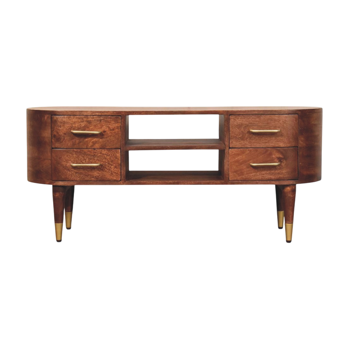 Marlow Media Unit in Claret, front view. 100% solid hardwood in a deep claret finish, two drawers, open central shelf, softly curved edges.