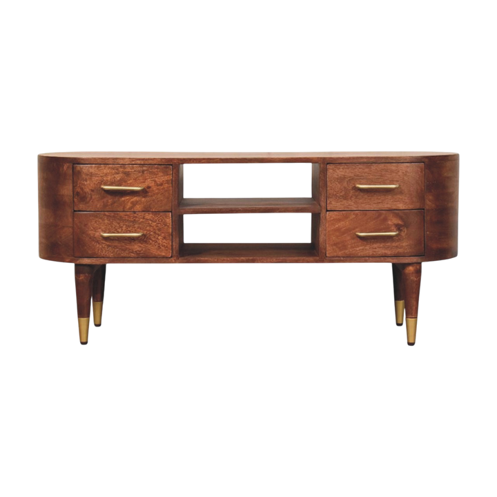 Marlow Media Unit in Claret, front view. 100% solid hardwood in a deep claret finish, two drawers, open central shelf, softly curved edges.