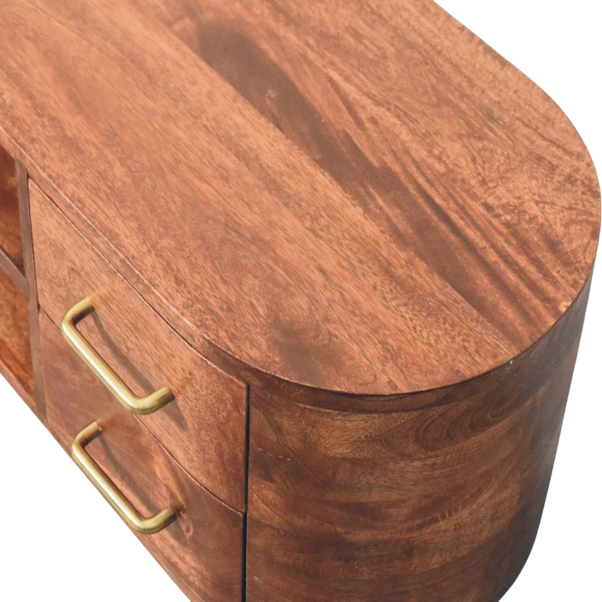 Close view of the brass hardware on the Marlow Media Unit in Claret.