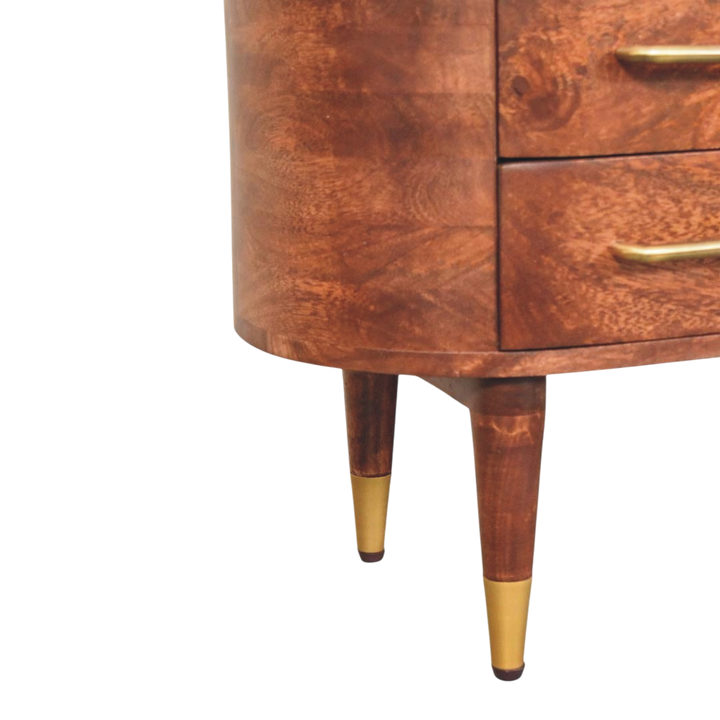 Close view of the legs on the Marlow Media Unit in Claret.