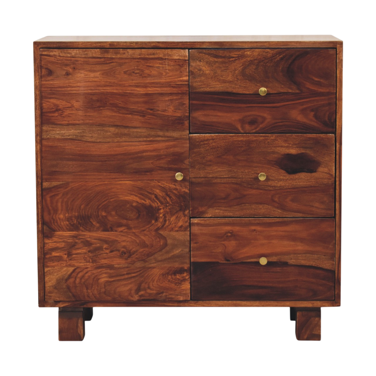 Marlow Mini Sideboard in Chestnut, front view. Close-grained 100% solid hardwood in a chestnut finish, brass knobs, short straight feet, interior shelving.