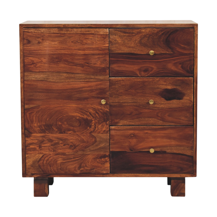 Marlow Mini Sideboard in Chestnut, front view. Close-grained 100% solid hardwood in a chestnut finish, brass knobs, short straight feet, interior shelving.