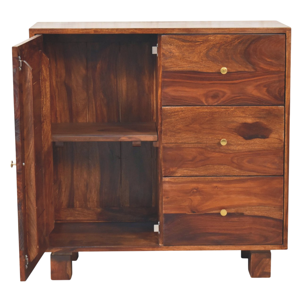 Marlow Mini Sideboard in Chestnut, shown with the doors open.