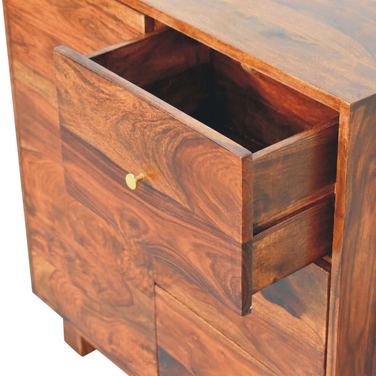 Marlow Mini Sideboard in Chestnut, shown with a drawer open.