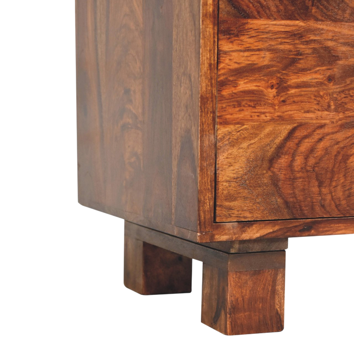 Close view of the feet on the Marlow Mini Sideboard in Chestnut.