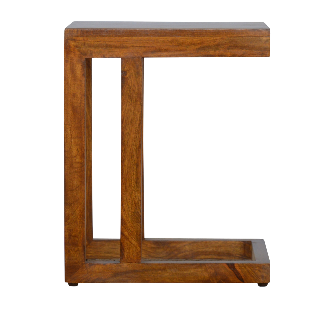 Marlow One-Sided End Table in Chestnut, front view. 100% solid hardwood in a chestnut finish, geometric single-sided base.