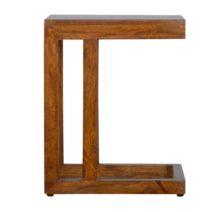 Marlow One-Sided End Table in Chestnut, front view. 100% solid hardwood in a chestnut finish, geometric single-sided base.