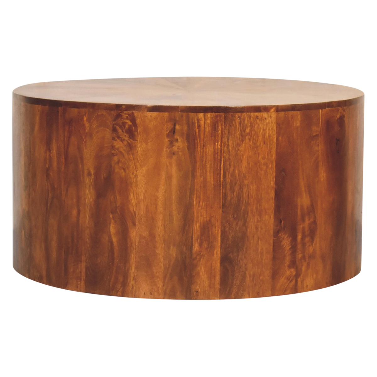 Marlow Round Coffee Table in Chestnut, front view. Solid hardwood in a chestnut finish, round top, rounded edges throughout.