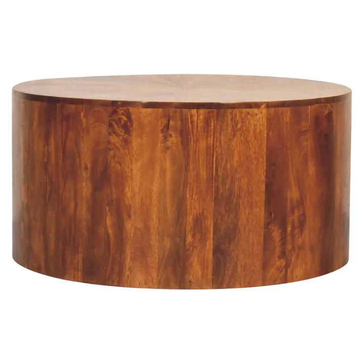 Marlow Round Coffee Table in Chestnut, front view. Solid hardwood in a chestnut finish, round top, rounded edges throughout.