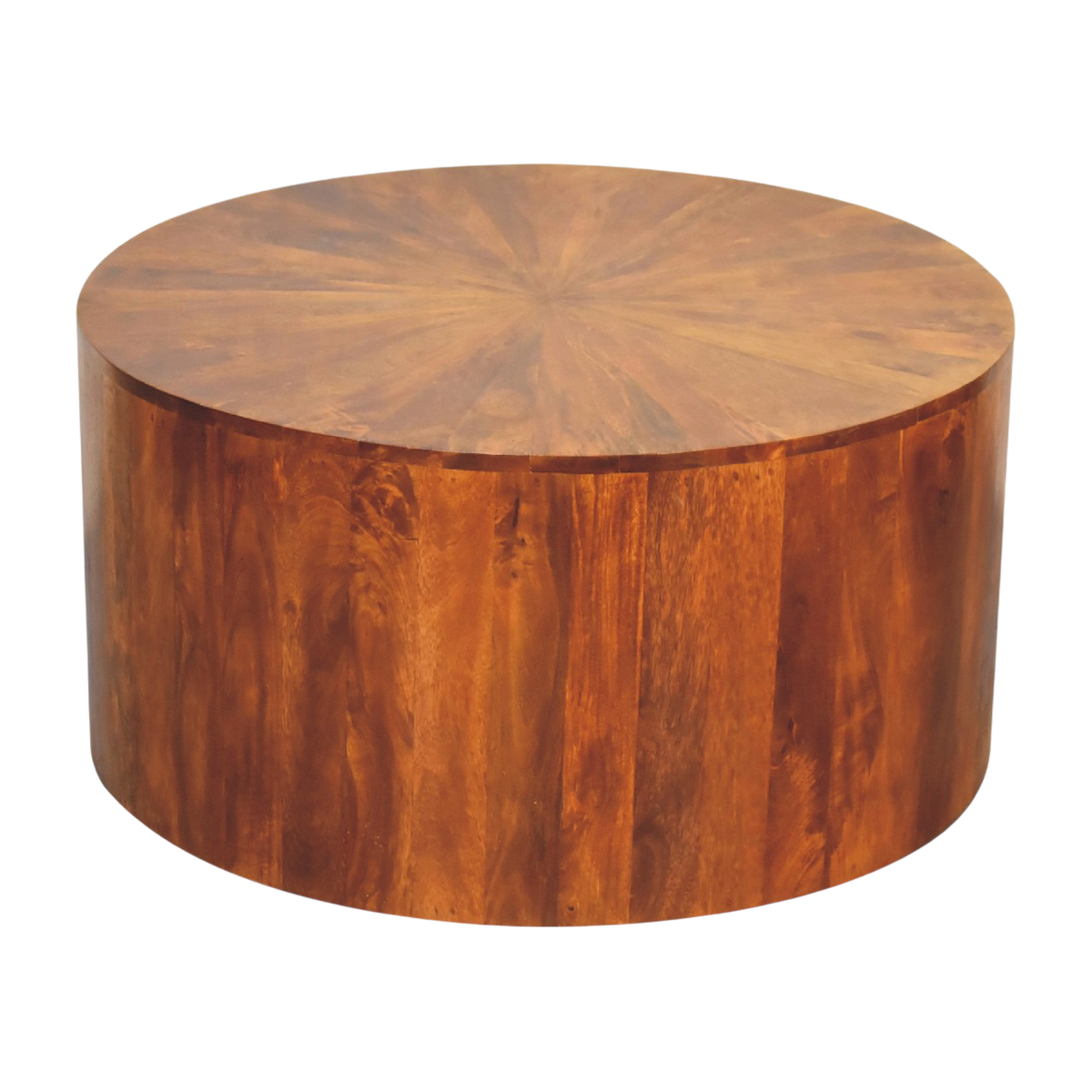 Marlow Round Coffee Table in Chestnut, three-quarter view showing the full profile.