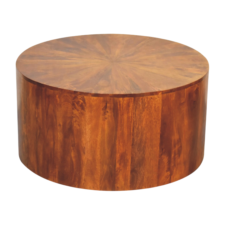 Marlow Round Coffee Table in Chestnut, three-quarter view showing the full profile.