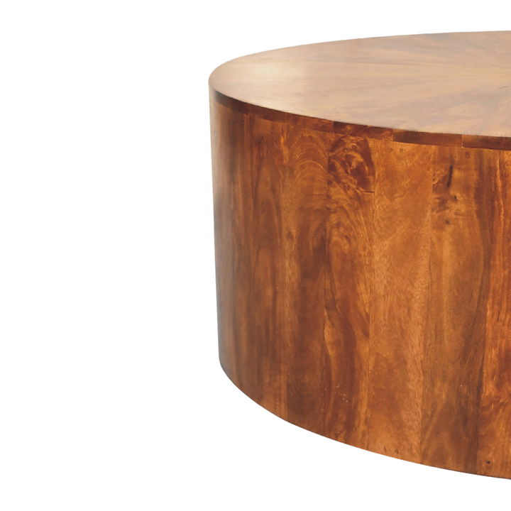 Marlow Round Coffee Table in Chestnut, side view showing the depth.