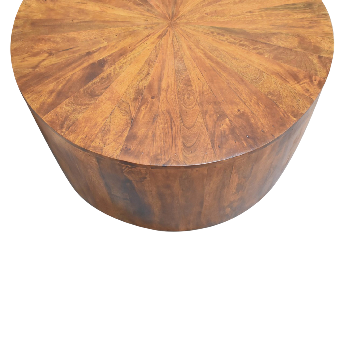 Close view of the top on the Marlow Round Coffee Table in Chestnut.