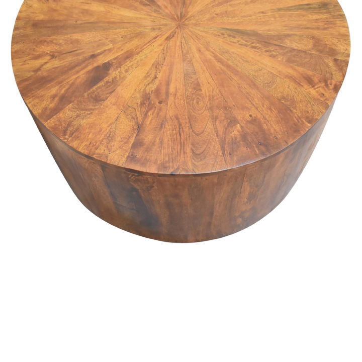 Close view of the top on the Marlow Round Coffee Table in Chestnut.