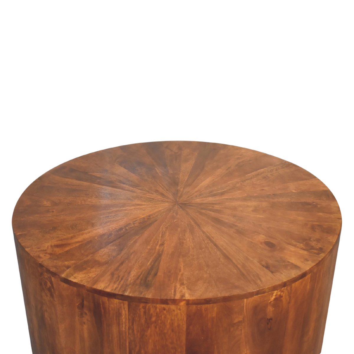 Marlow Round Coffee Table in Chestnut, three-quarter view from the opposite side.