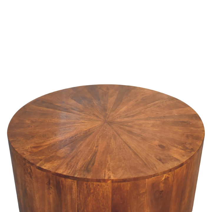 Marlow Round Coffee Table in Chestnut, three-quarter view from the opposite side.