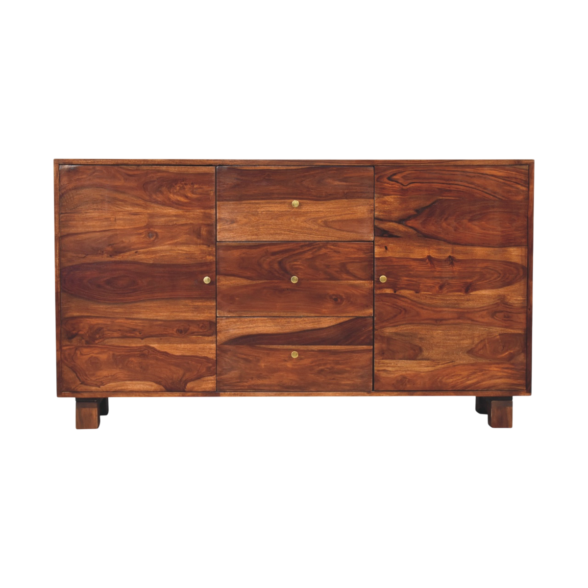 Marlow Sideboard in Chestnut, front view. Close-grained 100% solid hardwood in a chestnut finish, brass knobs, straight legs, shelved inside.