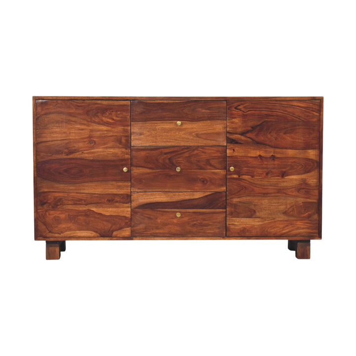 Marlow Sideboard in Chestnut, front view. Close-grained 100% solid hardwood in a chestnut finish, brass knobs, straight legs, shelved inside.