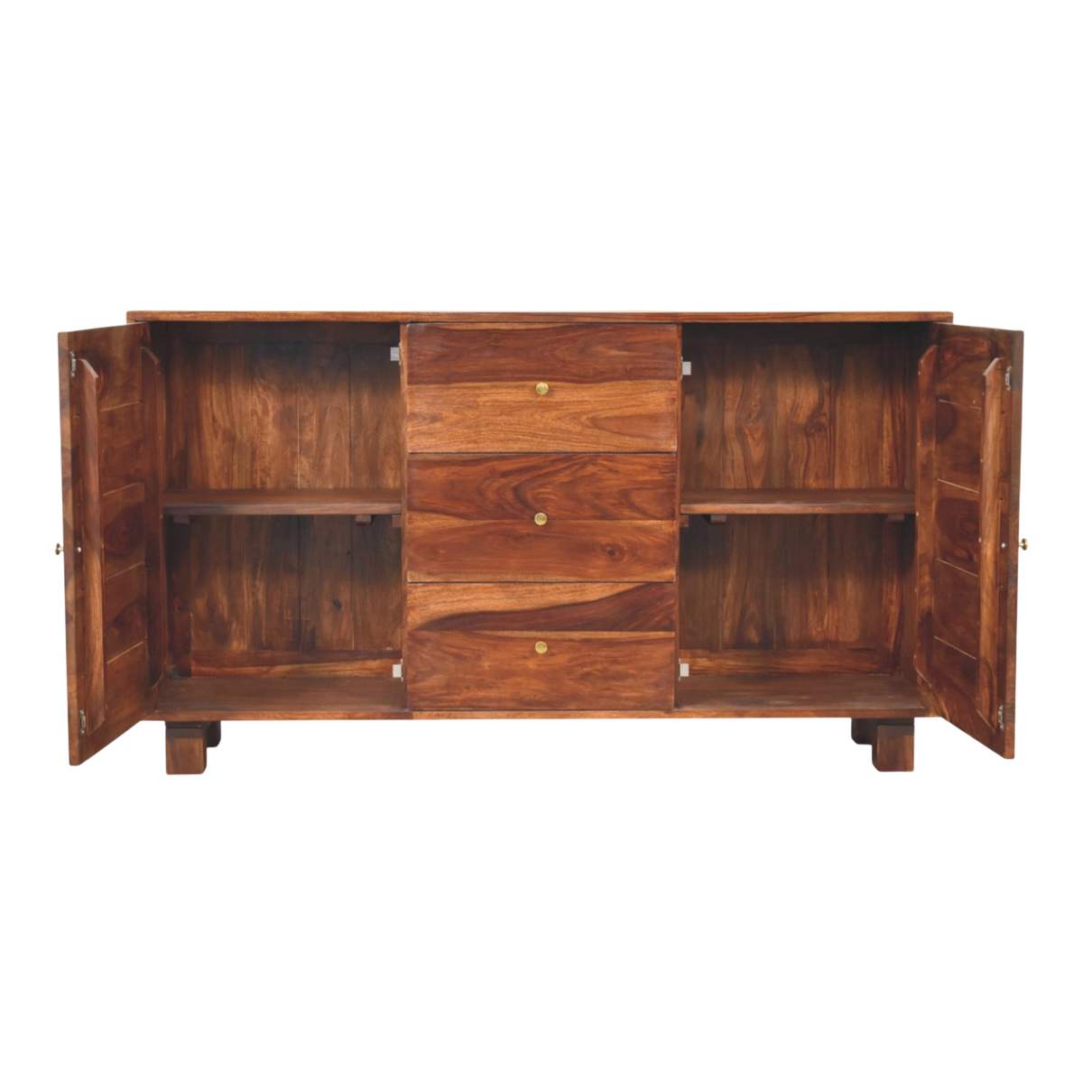 Marlow Sideboard in Chestnut, shown with the doors open.
