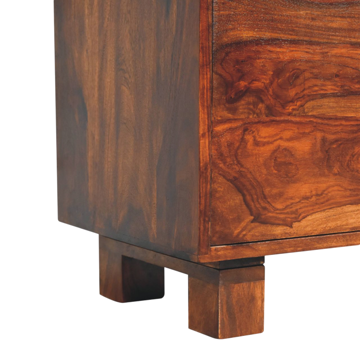 Close view of the feet on the Marlow Sideboard in Chestnut.