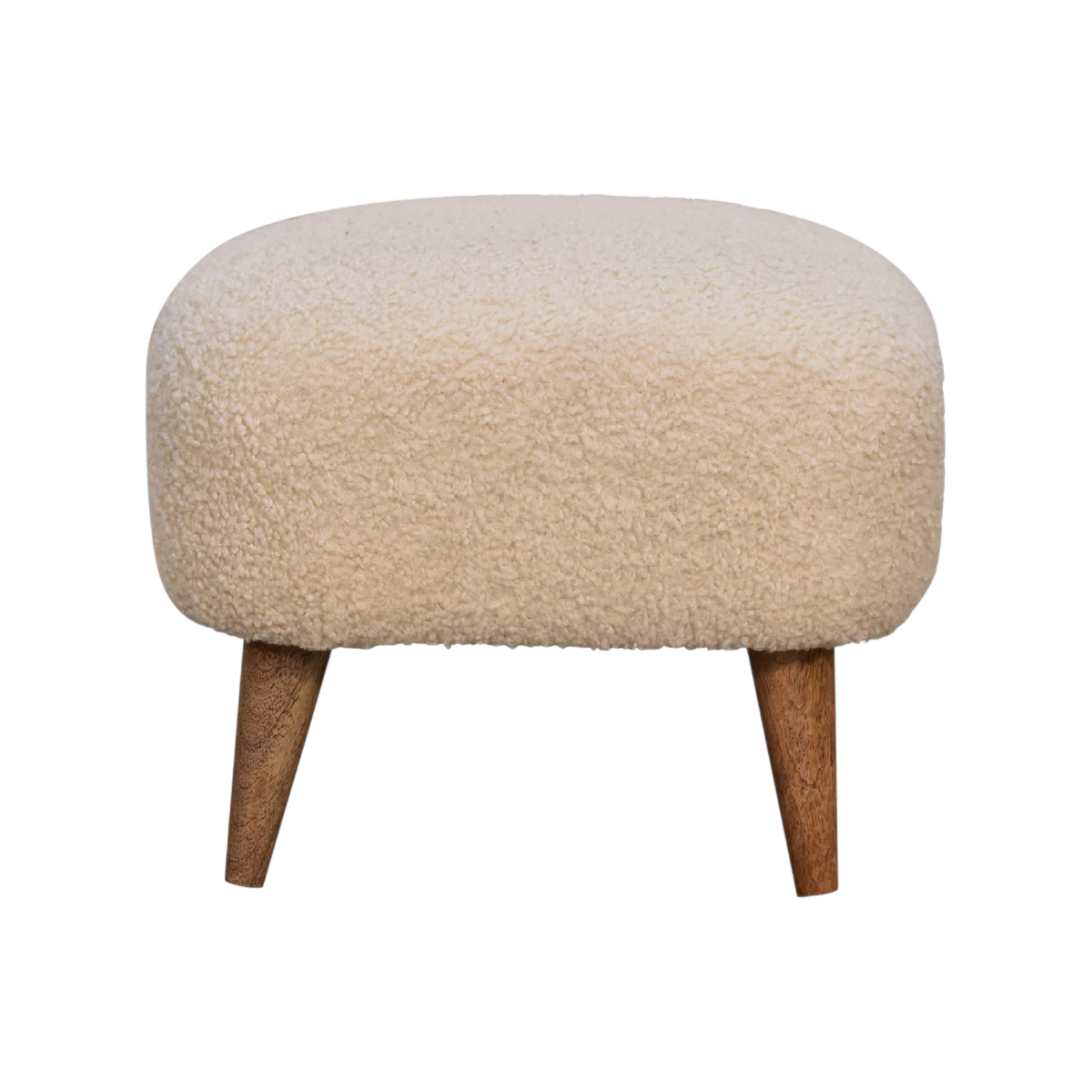 Marlow Square Footstool in Cream Bouclé, front view. Handwoven cotton bouclé in cream, splayed tapered legs in solid hardwood.
