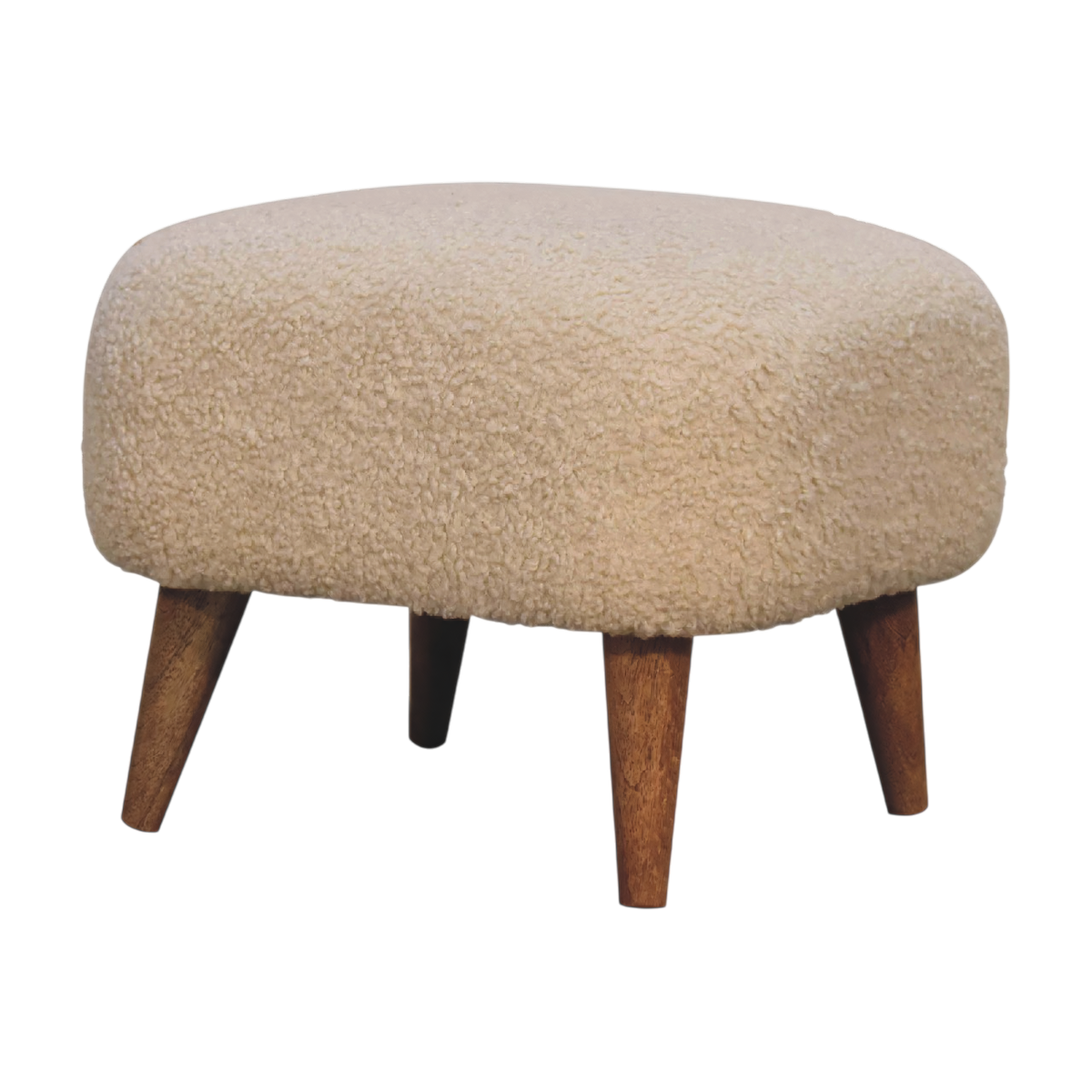 Marlow Square Footstool in Cream Bouclé, three-quarter view showing the full profile.