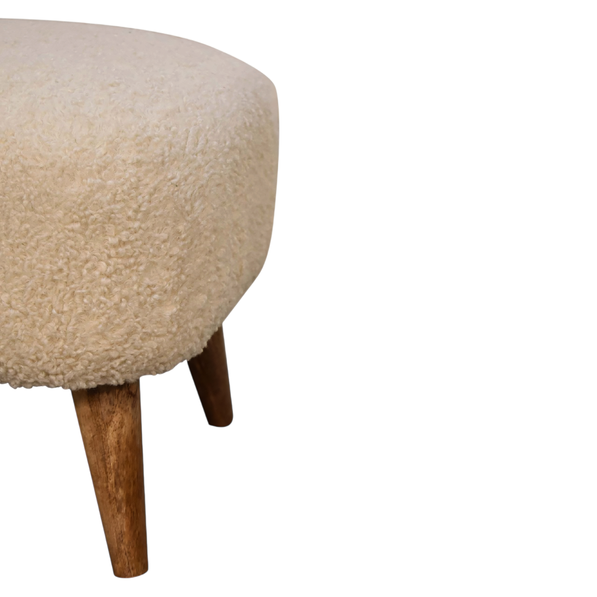 Marlow Square Footstool in Cream Bouclé, side view showing the depth.