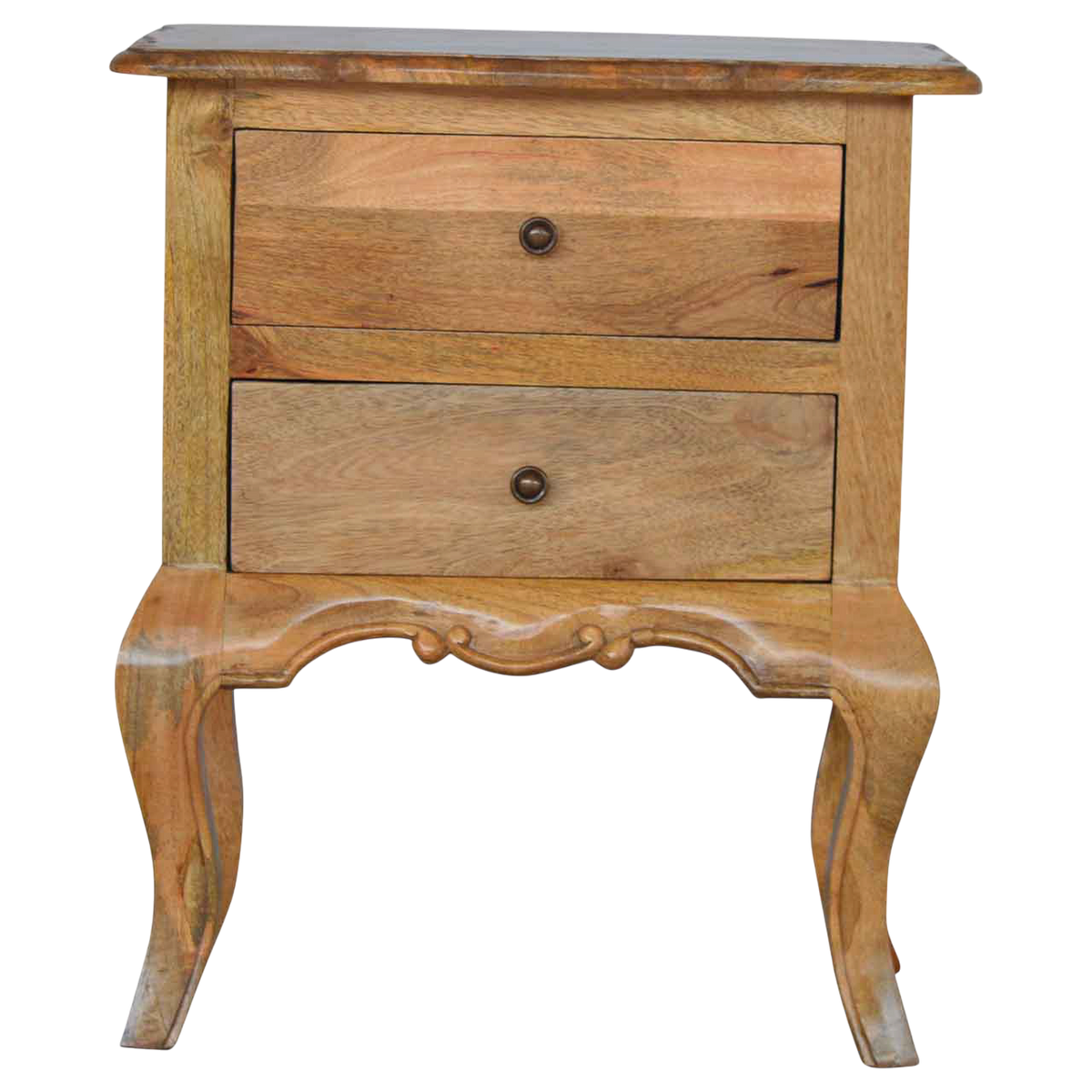 Mirabel 2-Drawer Bedside Table in Amber, front view. 100% solid hardwood in a warm amber finish, two drawers, hand-carved scroll and scallop detail.