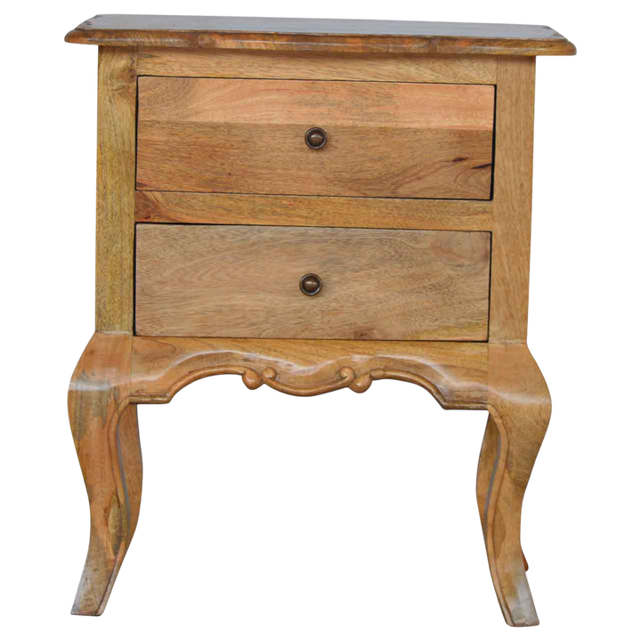 Mirabel 2-Drawer Bedside Table in Amber, front view. 100% solid hardwood in a warm amber finish, two drawers, hand-carved scroll and scallop detail.