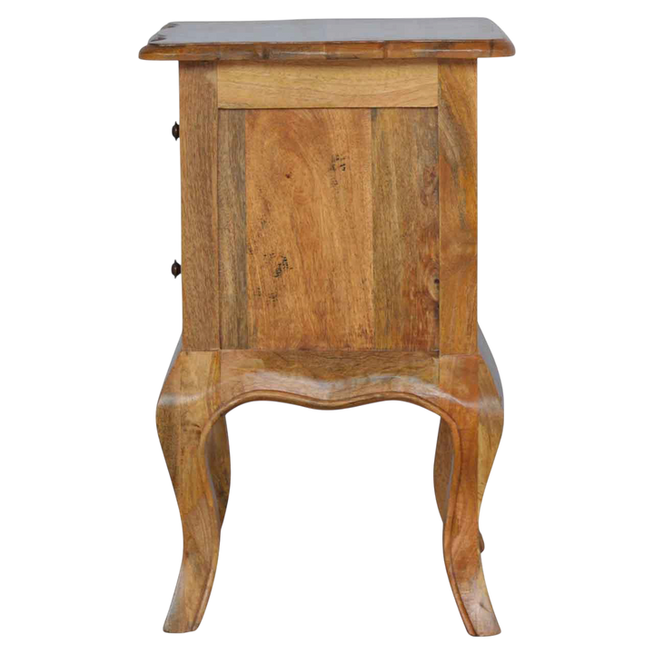 Mirabel 2-Drawer Bedside Table in Amber, side view showing the depth.