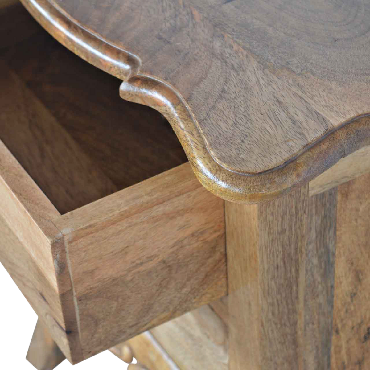 Mirabel 2-Drawer Bedside Table in Amber, shown with a drawer open.