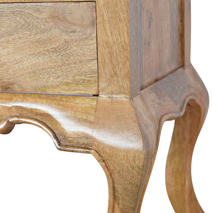 Close view of the legs on the Mirabel 2-Drawer Bedside Table in Amber.
