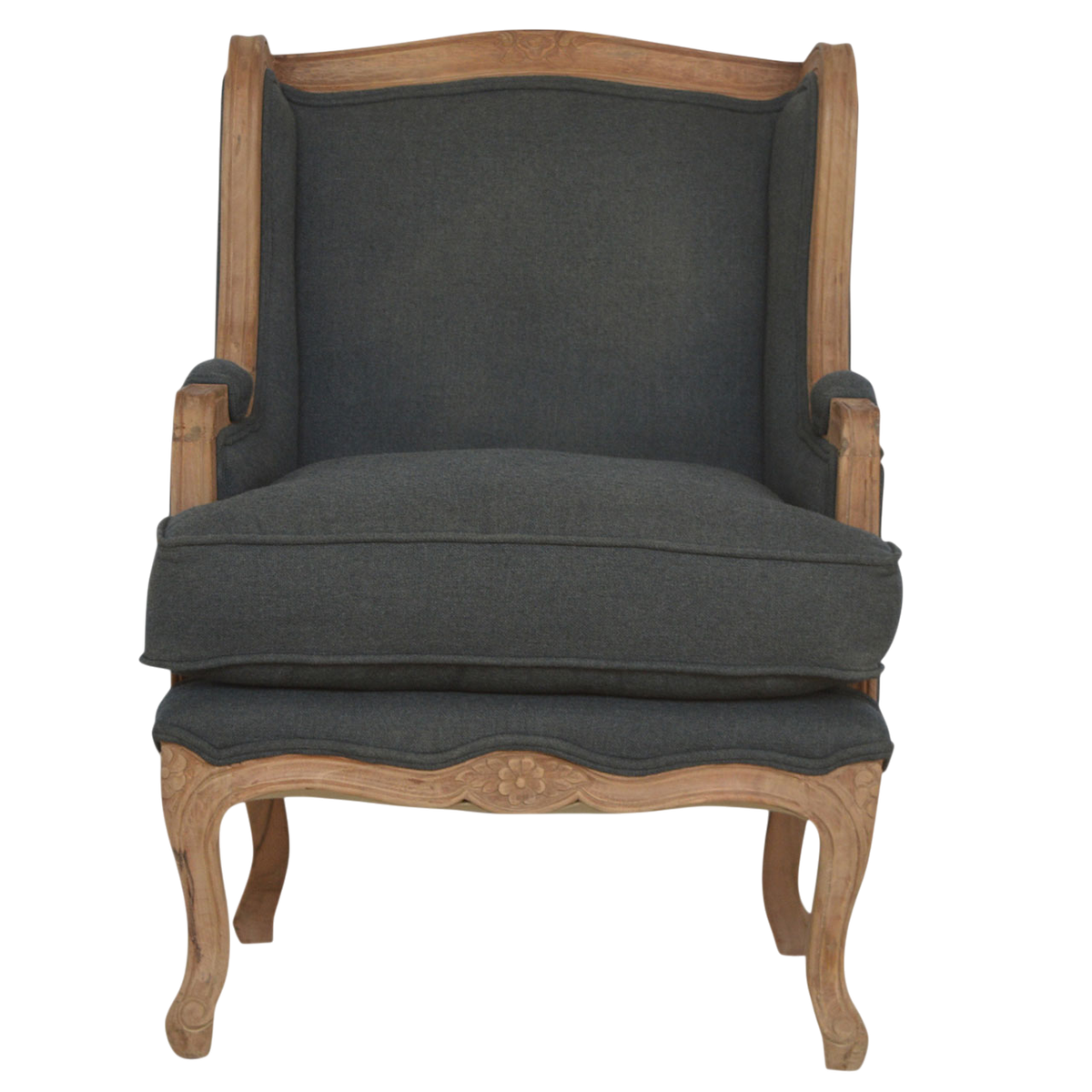 Mirabel Bergère Armchair in Slate Linen, front view. Slate linen upholstery on a hand-carved frame with cabriole legs.
