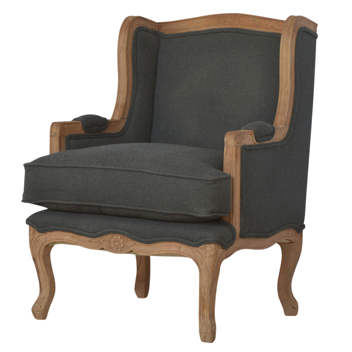 Mirabel Bergère Armchair in Slate Linen, three-quarter view showing the full profile.
