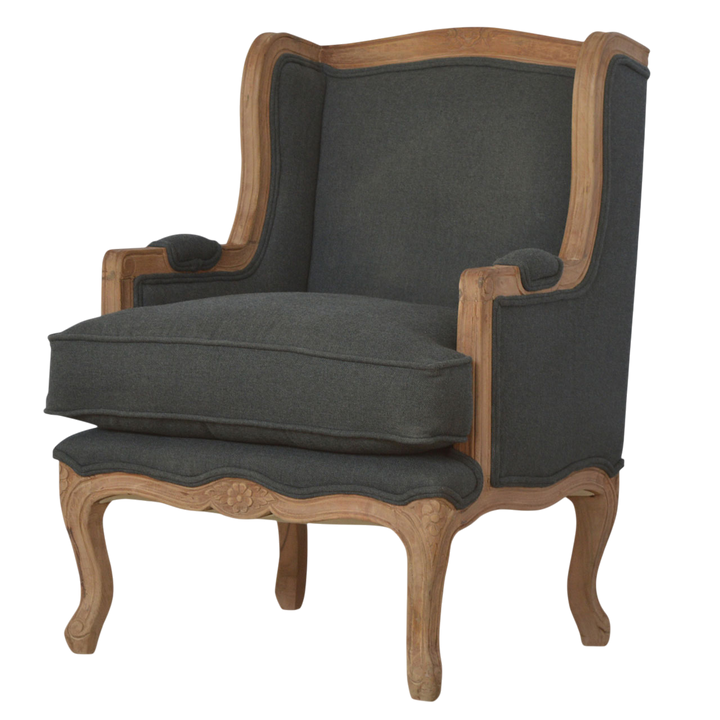 Mirabel Bergère Armchair in Slate Linen, three-quarter view showing the full profile.