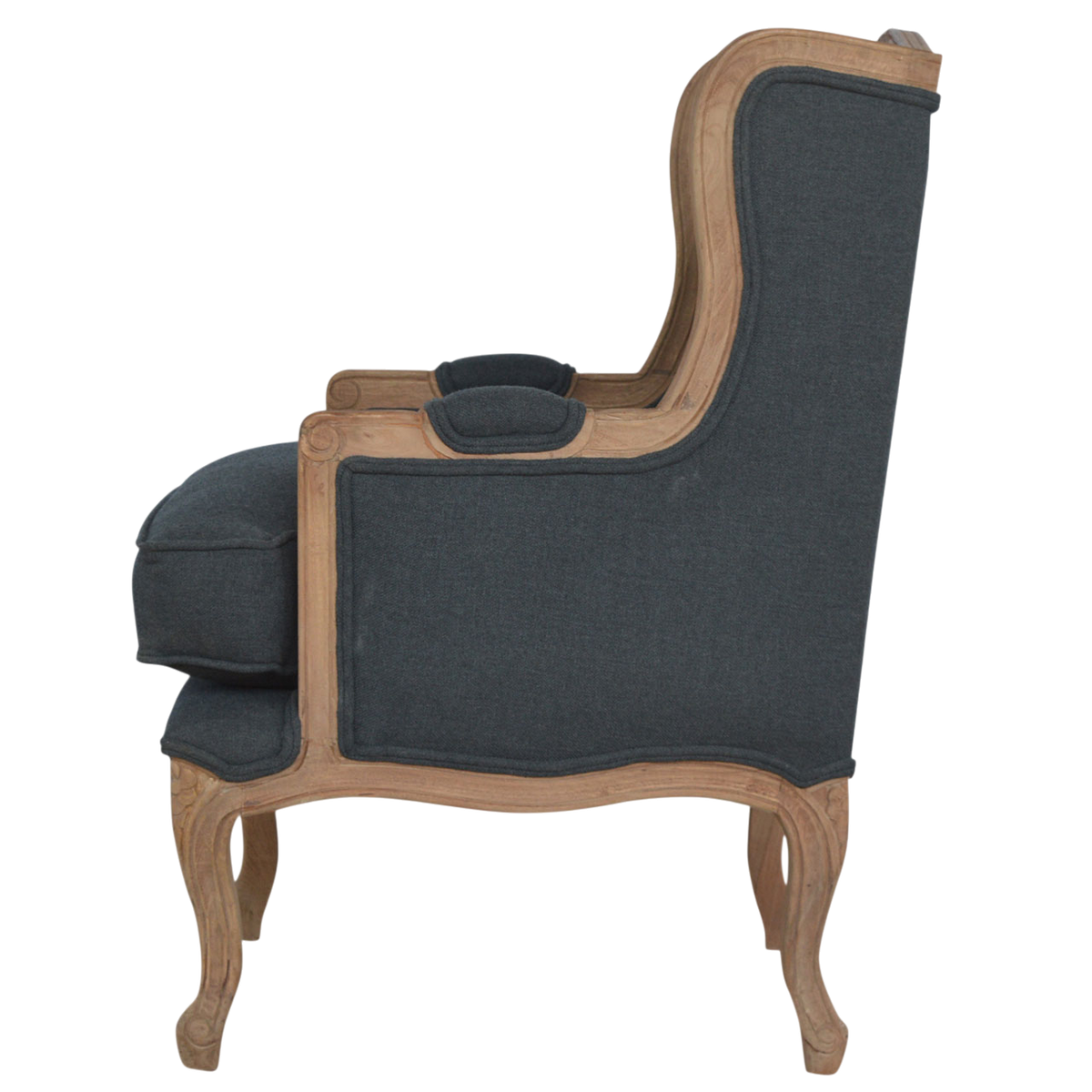Mirabel Bergère Armchair in Slate Linen, side view showing the depth.