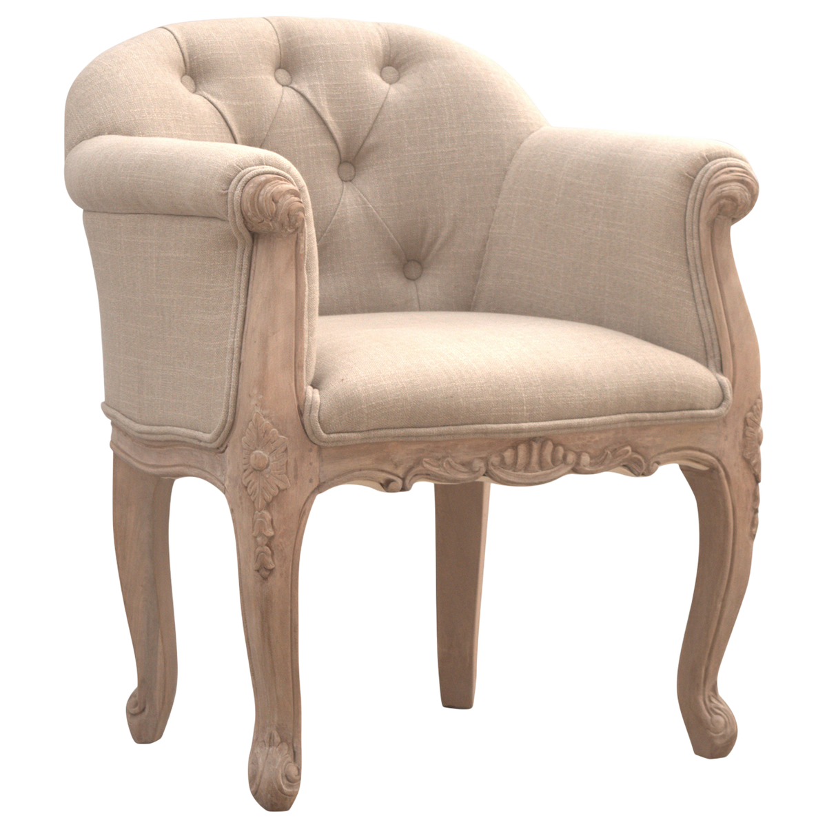 Mirabel Button-Back Chair in Clay Linen, front view. Button-backed clay linen on a hand-carved frame with cabriole legs.