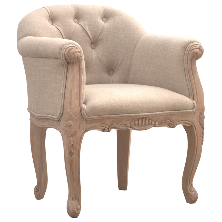 Mirabel Button-Back Chair in Clay Linen, front view. Button-backed clay linen on a hand-carved frame with cabriole legs.
