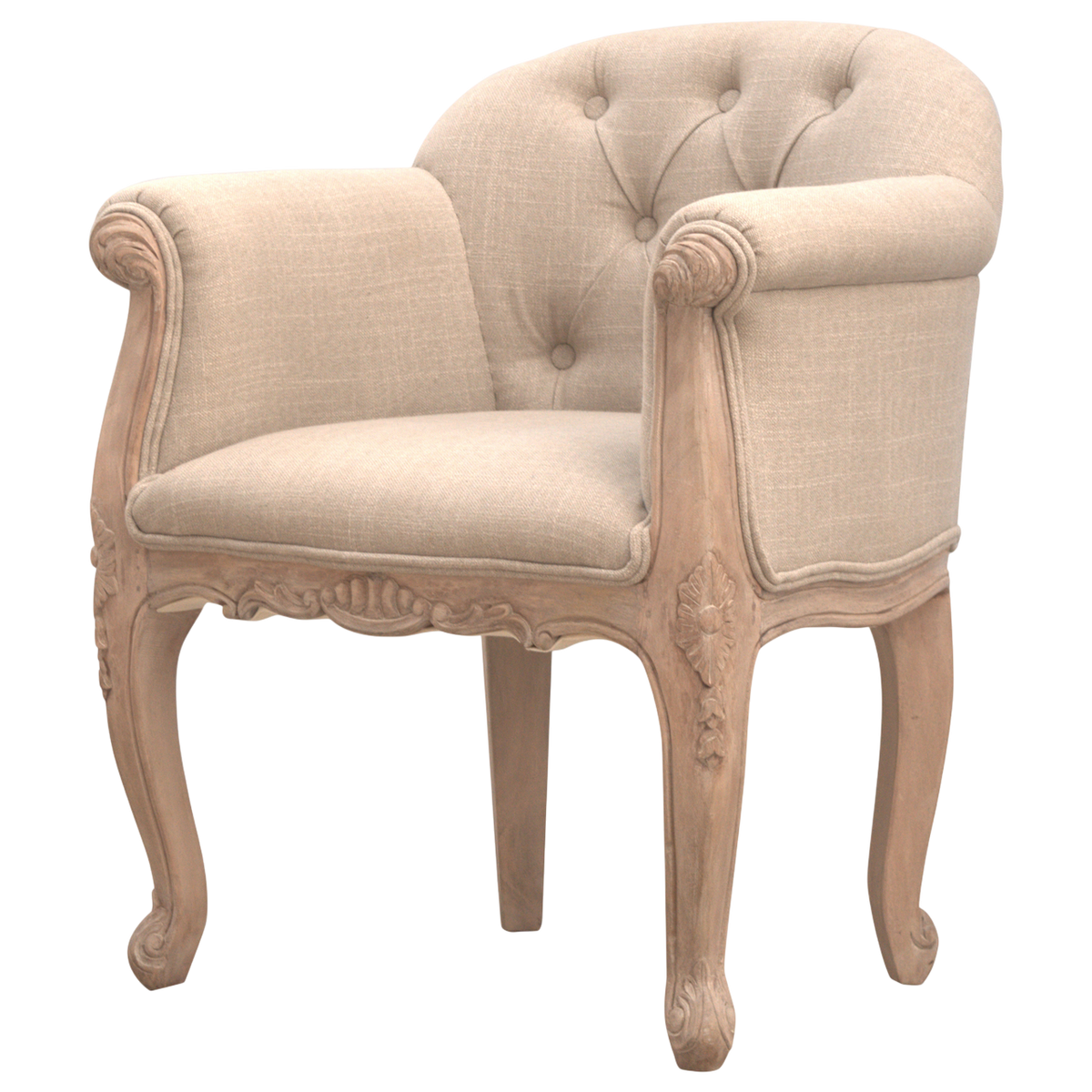 Mirabel Button-Back Chair in Clay Linen, three-quarter view showing the full profile.