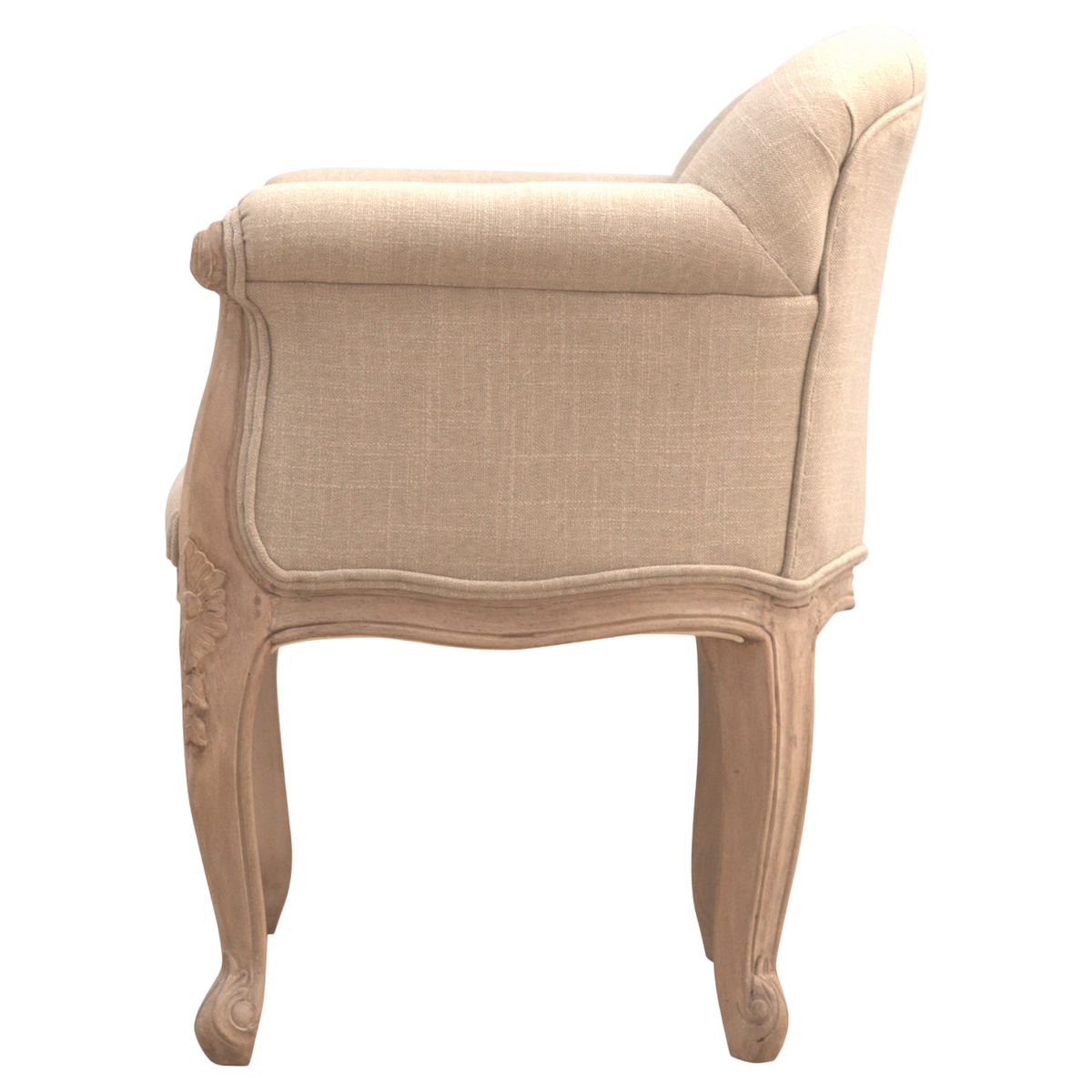 Mirabel Button-Back Chair in Clay Linen, side view showing the depth.