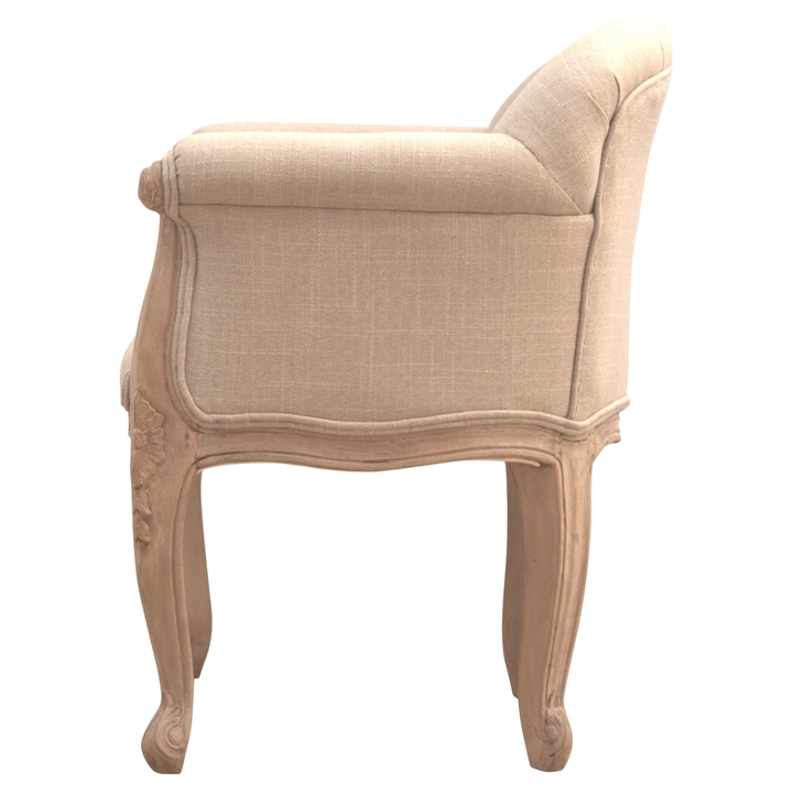 Mirabel Button-Back Chair in Clay Linen, side view showing the depth.