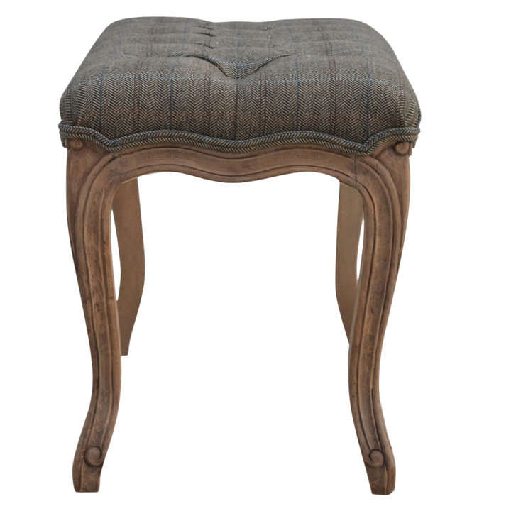 Mirabel Carved Bench in Heritage Tweed, side view showing the depth.